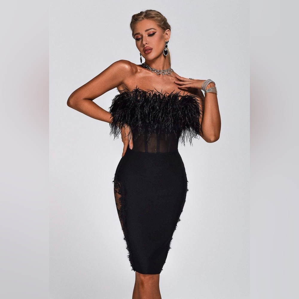 Black Strapless Ostrich Feather Trim Mini Dress with Lace Mesh Side Panels